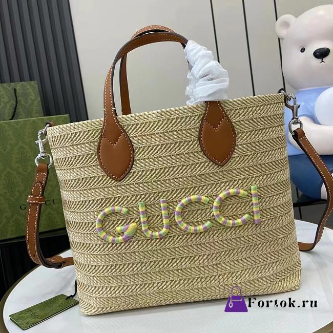 Fortok Gucci Straw-Effect Tote Bag Black 35x25x10cm - 1