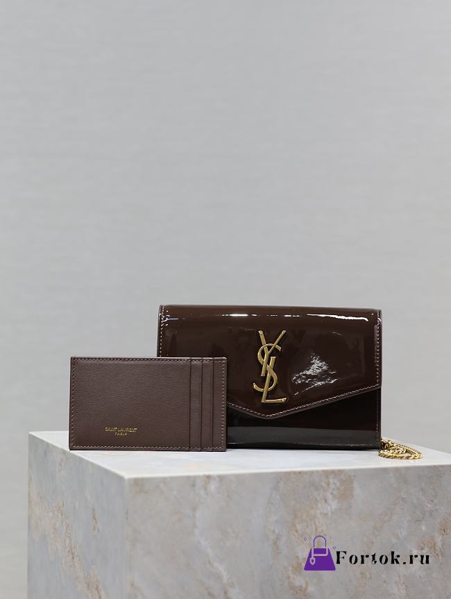 Fortok Women Saint Laurent Uptown Chain Wallet in Patent Leather Brown 19x12x4cm - 1