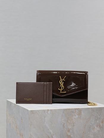 Fortok Women Saint Laurent Uptown Chain Wallet in Patent Leather Brown 19x12x4cm