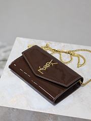 Fortok Women Saint Laurent Uptown Chain Wallet in Patent Leather Brown 19x12x4cm - 2