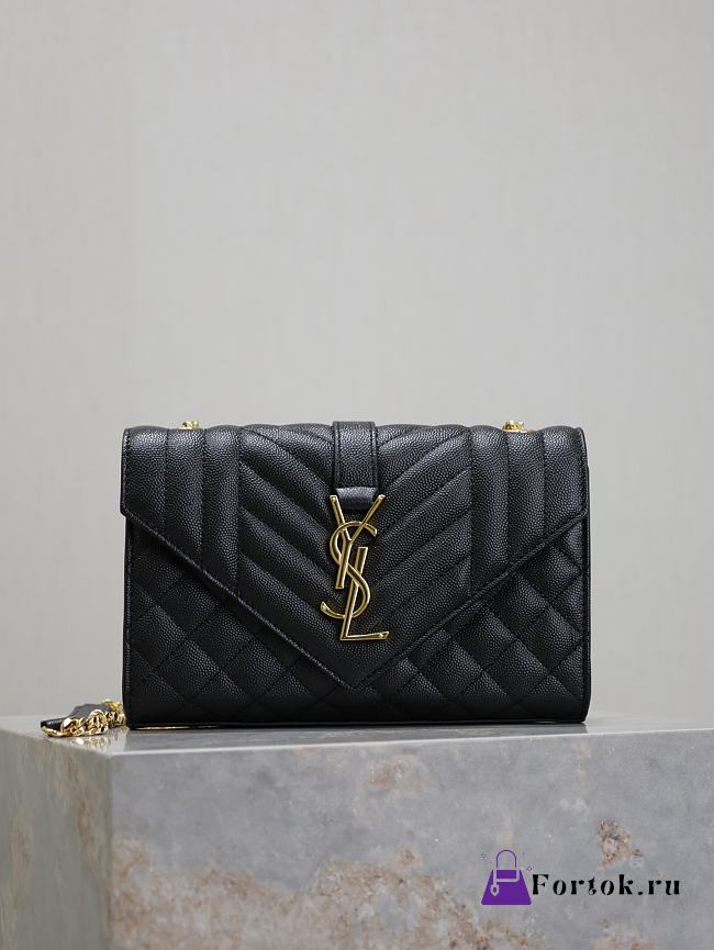 Fortok Saint Laurent Women's Envelope Quilted Grain De Poudre Embossed Leather Black 21×13×6cm - 1