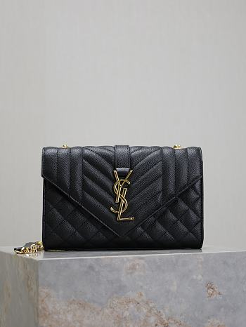 Fortok Saint Laurent Women's Envelope Quilted Grain De Poudre Embossed Leather Black 21×13×6cm