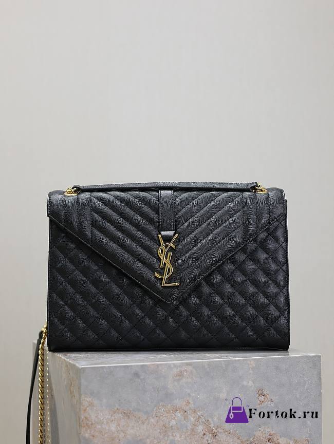 Fortok Saint Laurent Women's Envelope Quilted Grain De Poudre Embossed Leather Black 31×22×7.5cm  - 1