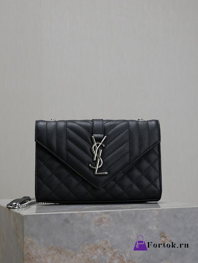 Fortok Saint Laurent Silver Hardware Envelope Quilted Grain De Poudre Embossed Leather Black 21×13×6cm - 1