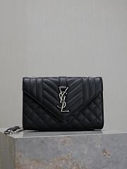 Fortok Saint Laurent Silver Hardware Envelope Quilted Grain De Poudre Embossed Leather Black 21×13×6cm - 1