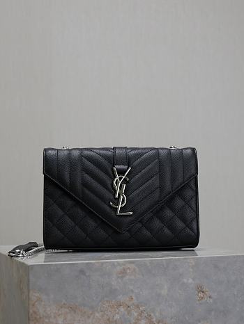 Fortok Saint Laurent Silver Hardware Envelope Quilted Grain De Poudre Embossed Leather Black 21×13×6cm