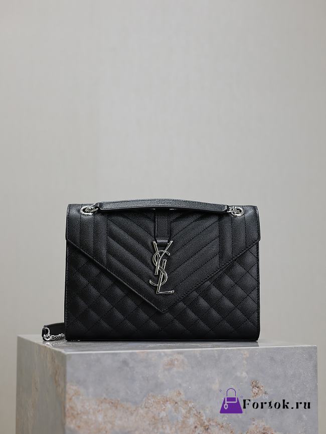 Fortok Saint Laurent Silver Hardware Envelope Quilted Grain De Poudre Embossed Leather Black 24×17.5×6cm - 1