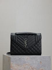 Fortok Saint Laurent Silver Hardware Envelope Quilted Grain De Poudre Embossed Leather Black 24×17.5×6cm - 1