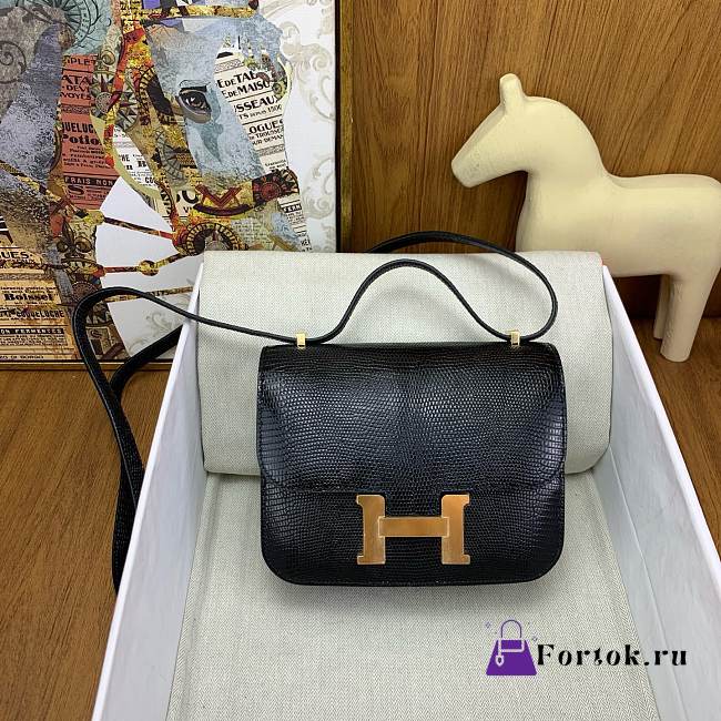Fortok Hermes Constance shoulder bag in black Lizard leather 19 cm - 1