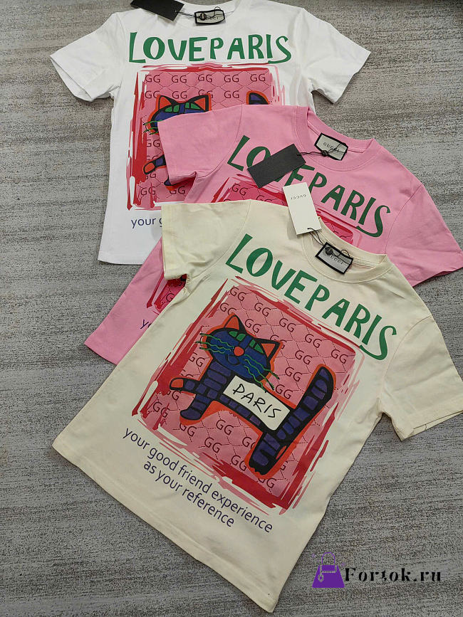 Fortok Gucci T-shirt Love Pari In White/ Beige/ Pink - 1