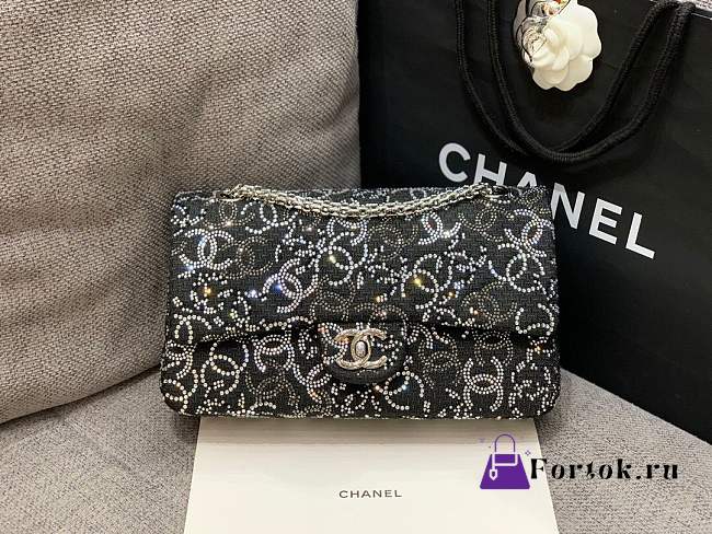 Fortok Chanel Black velvet strass Flap Bag 25 cm - 1