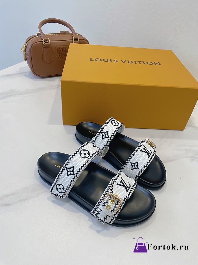 Fortok Louis Vuitton By The Pool Bom Dia Flat Comfort Mule Black And White - 1