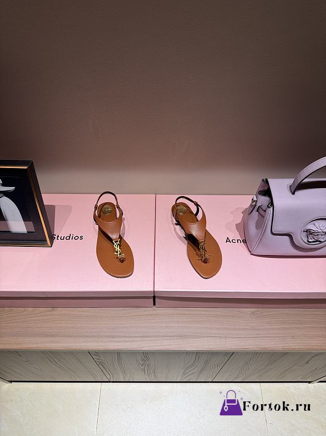Fortok Saint Laurent YSL Flat Sandals Brown 1cm - 1