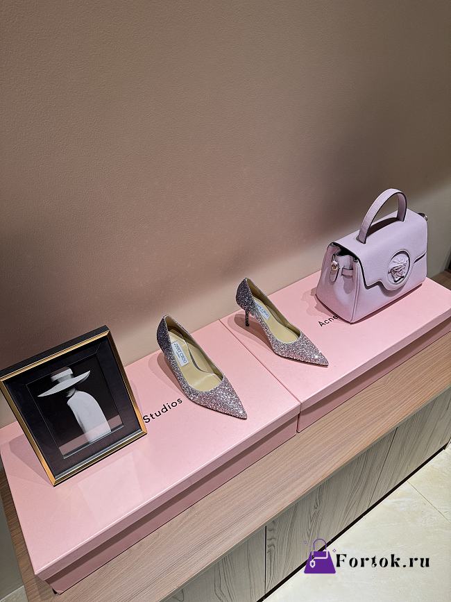 Fortok Jimmy Choo High Heels 7cm/9cm Mochi Luminous Glow-in-the-Dark Glitter with JC Button Grey Pink - 1