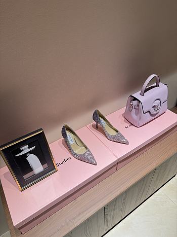 Fortok Jimmy Choo High Heels 7cm/9cm Mochi Luminous Glow-in-the-Dark Glitter with JC Button Grey Pink