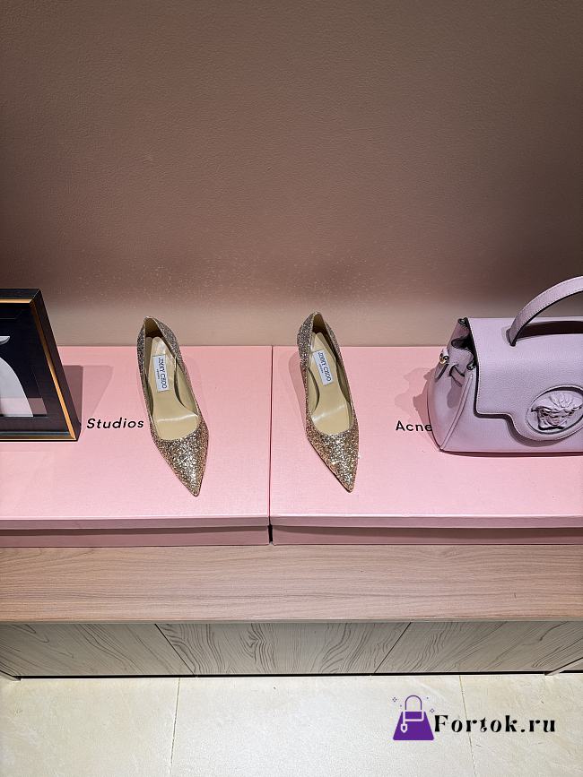 Fortok Jimmy Choo High Heels 7cm/9cm Mochi Luminous Glow-in-the-Dark Glitter with JC Button Gold - 1