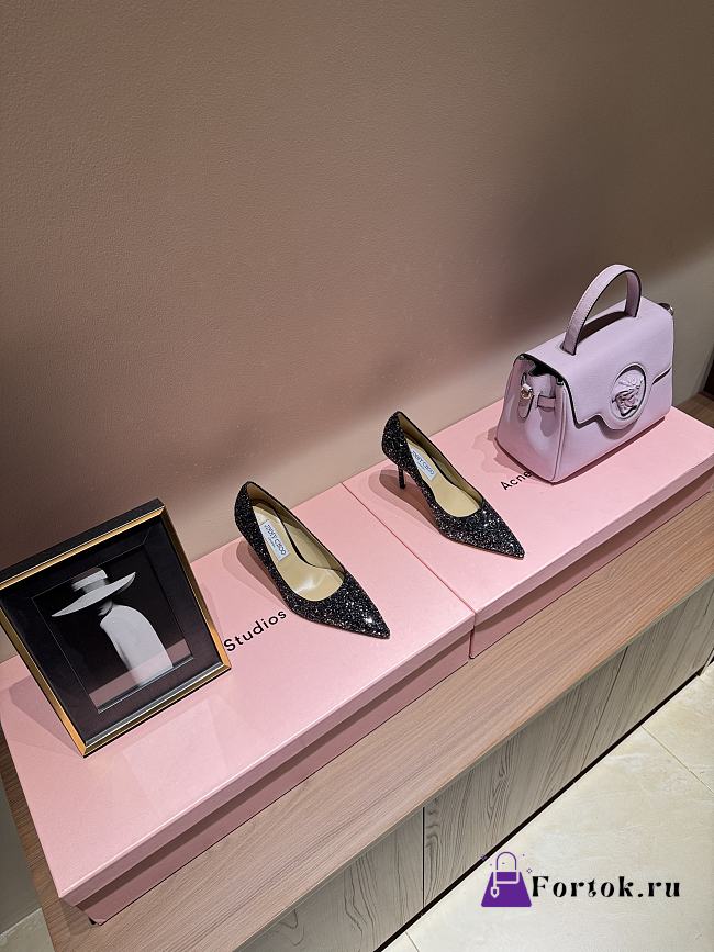 Fortok Jimmy Choo High Heels 7cm/9cm Mochi Luminous Glow-in-the-Dark Glitter with JC Button Black - 1