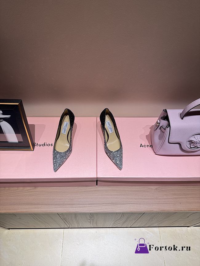 Fortok Jimmy Choo High Heels 7cm/9cm Mochi Luminous Glow-in-the-Dark Glitter with JC Button Grey - 1