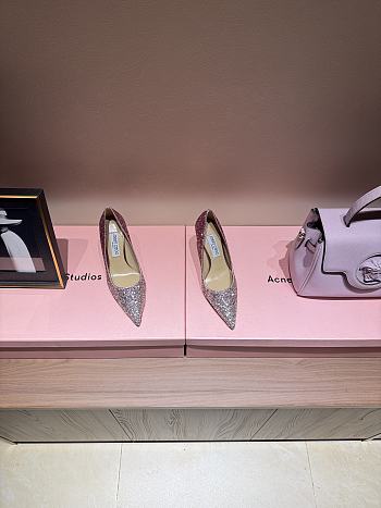Fortok Jimmy Choo High Heels 7cm/9cm Mochi Luminous Glow-in-the-Dark Glitter with JC Button Pink 02