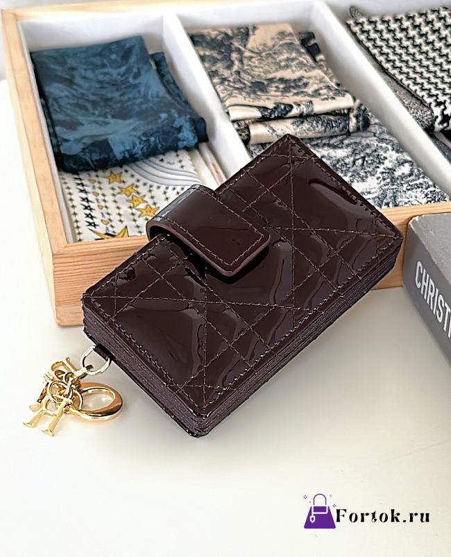Fortok Dior Lady Dior Jasmine Card Holder Patent Leather Dark Chocolate 10.5cm - 1