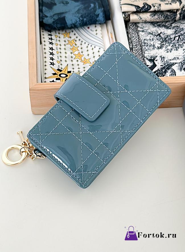 Fortok Dior Lady Dior Jasmine Card Holder Patent Leather Blue 10.5cm - 1