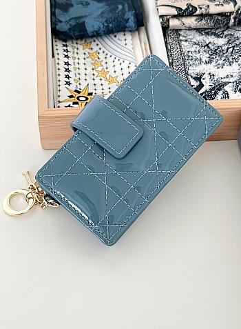 Fortok Dior Lady Dior Jasmine Card Holder Patent Leather Blue 10.5cm