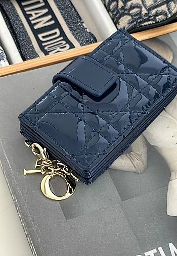 Fortok Dior Lady Dior Jasmine Card Holder Patent Leather Navy Blue 10.5cm