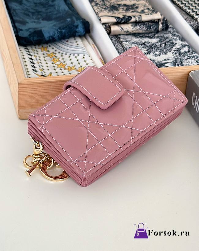 Fortok Dior Lady Dior Jasmine Card Holder Patent Leather Pink 10.5cm - 1