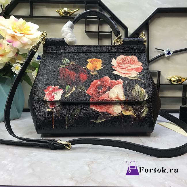 Fortok Dolce & Gabbana Sicily Rose Print Black Bag 25X20X12cm - 1
