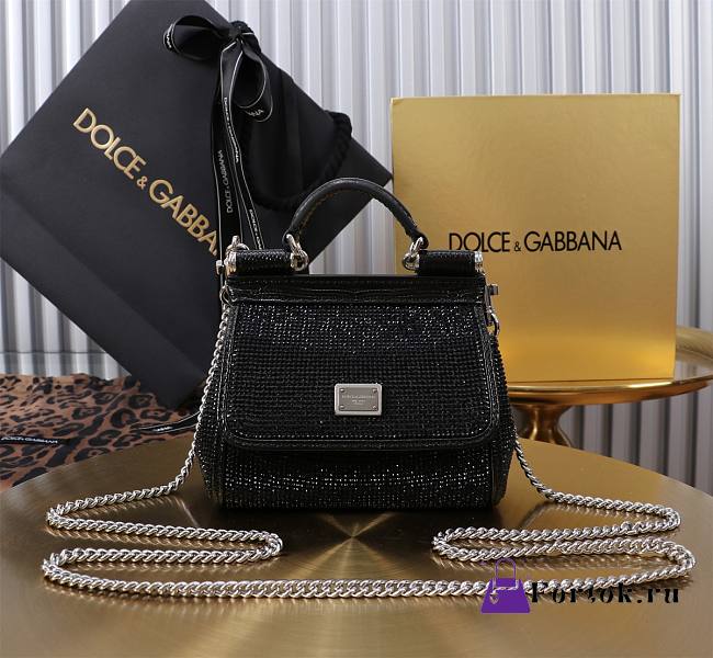 Fortok Dolce & Gabbana Sicily Crystal Embellished Black Bag 14*16*6cm - 1