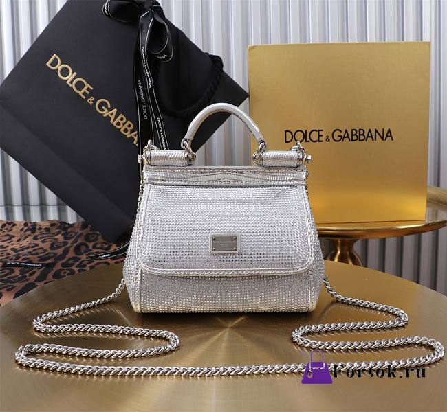 Fortok Dolce & Gabbana Sicily Crystal Embellished Silver Bag 14*16*6cm - 1
