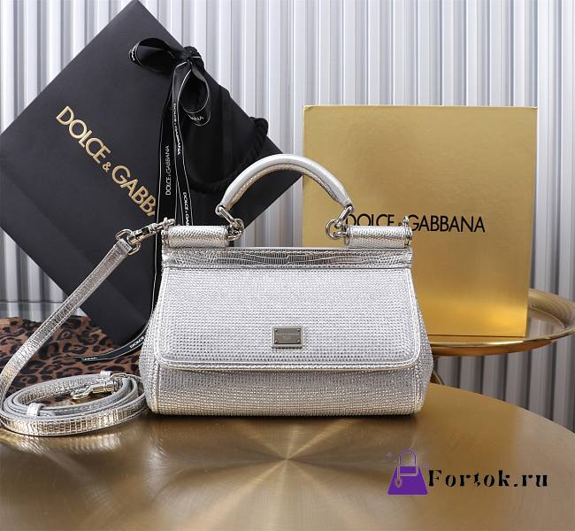 Fortok Dolce & Gabbana Sicily Crystal Embellished Silver Bag 11x18x6cm - 1