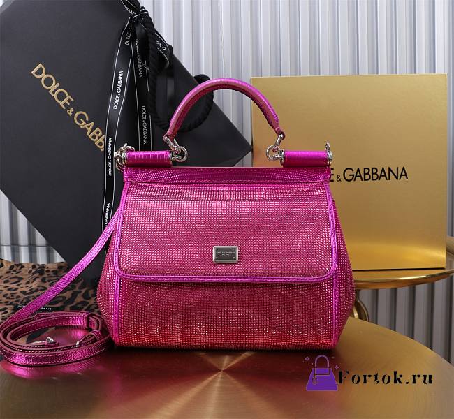 Fortok Dolce & Gabbana Sicily Crystal Embellished Pink Bag 20*16*8cm - 1