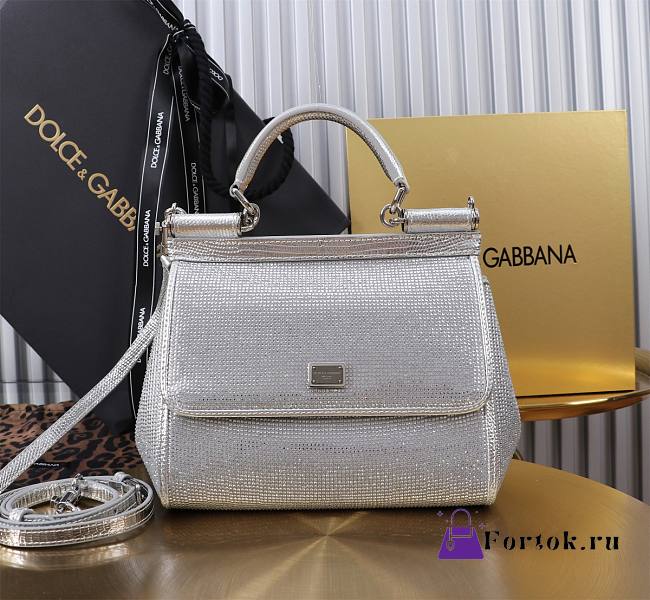 Fortok Dolce & Gabbana Sicily Crystal Embellished Silver Bag 20*16*8cm - 1