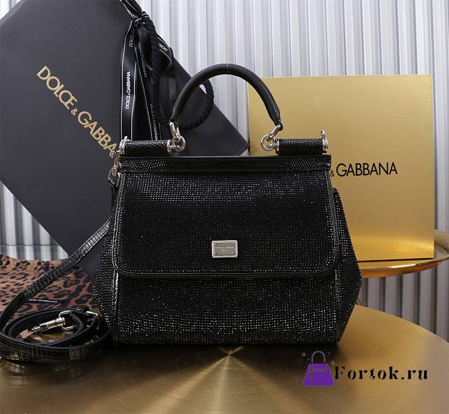 Fortok Dolce & Gabbana Sicily Crystal Embellished Black Bag 20*16*8cm - 1