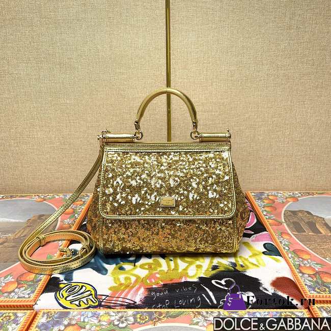 Fortok Dolce & Gabbana Sicily Sequin Embellished Bag Gold 20*16*8cm  - 1