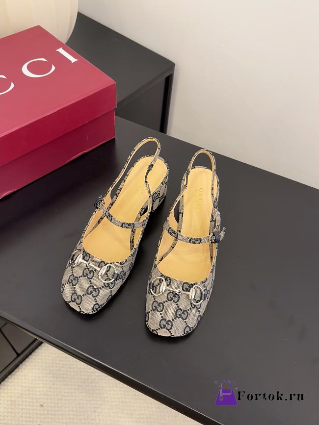 Fortok Gucci Horsebit Slingback Heels 6.5 cm GG Supreme Canvas Navy - 1