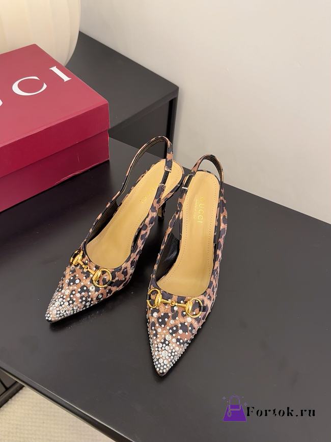 Gucci Pointed-Toe Slingback Pumps with Leopard Print and Crystal Embellishments - 1