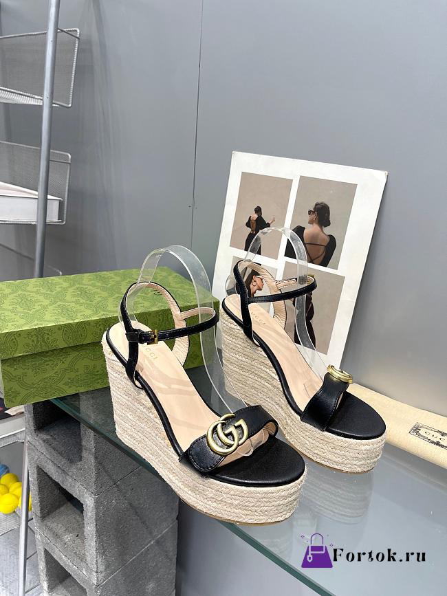 Fortok Gucci Marmont Wedges GG Canvas Slingback Sandals Black 8cm - 1