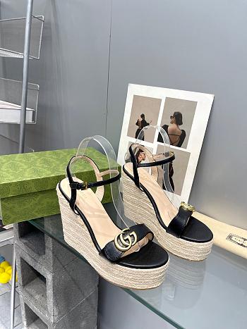 Fortok Gucci Marmont Wedges GG Canvas Slingback Sandals Black 8cm