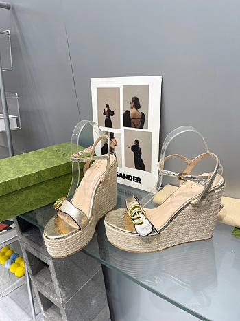 Fortok Gucci Marmont Wedges GG Canvas Slingback Sandals Gold 8cm