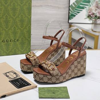 Fortok Gucci Marmont Wedges GG Canvas Slingback Sandals Brown 8cm