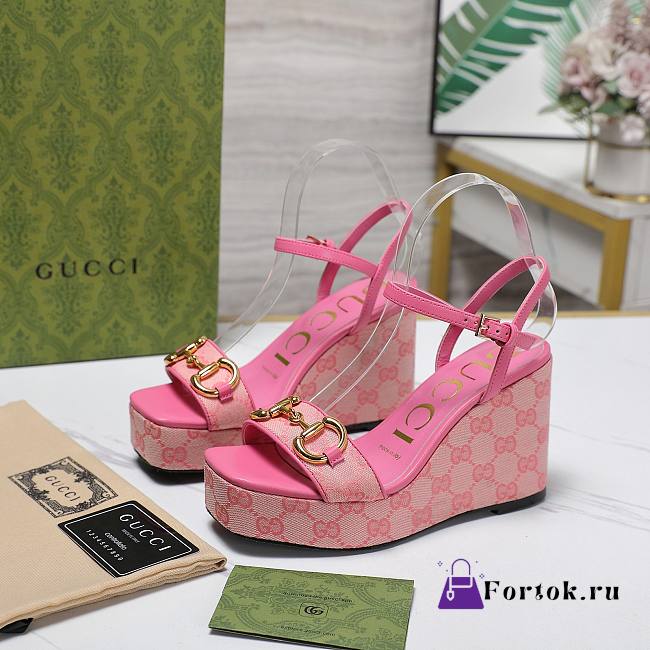 Fortok Gucci Marmont Wedges GG Canvas Slingback Sandals Pink 8cm - 1