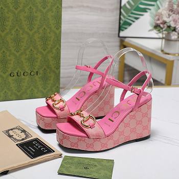 Fortok Gucci Marmont Wedges GG Canvas Slingback Sandals Pink 8cm