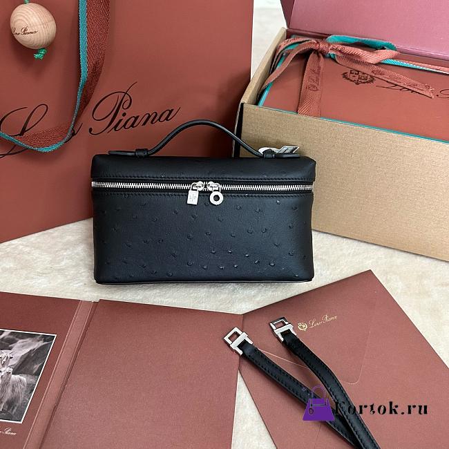 Fortok Loro Piana Extra Pocket L19 Ostrich Leather Blakc 19 x 11 x 6.5cm - 1