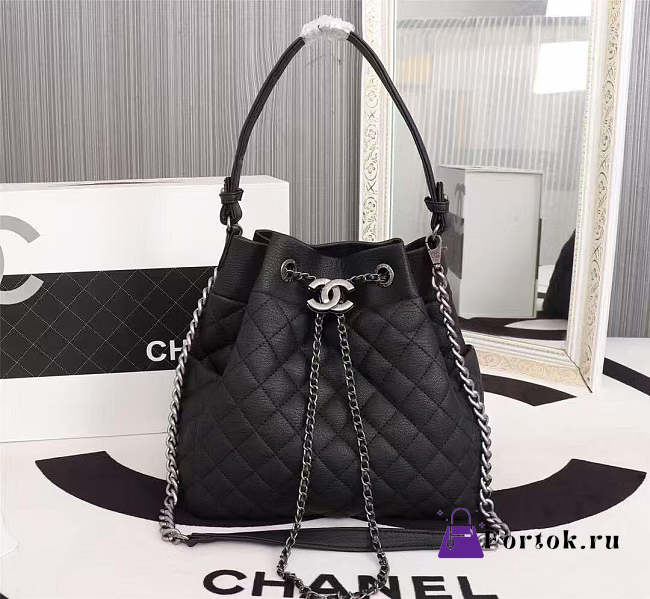 Fortok Chanel Black Quilted Glazed Caviar Drawstring CC Bucket Bag 26-27-17cm - 1