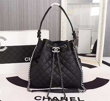 Fortok Chanel Black Quilted Glazed Caviar Drawstring CC Bucket Bag 26-27-17cm