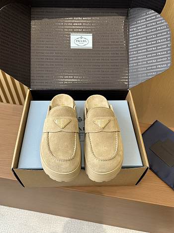 Fortok Prada Women's Brown Suede Loafer Beige