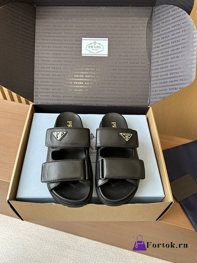 Fortok Prada Women's Square Toe Leather Slides Black - 1