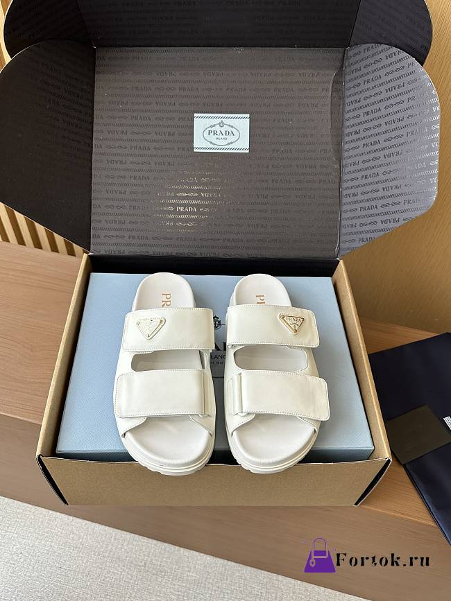 Fortok Prada Women's Square Toe Leather Slides White - 1